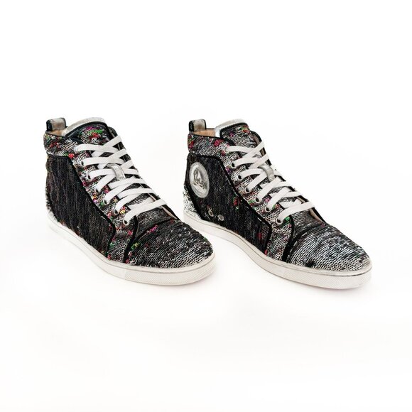 Christian Louboutin Bip Bip High Sneakers EU 37.5 US 7.5 Silver Flip Up Sequin - Picture 1 of 14